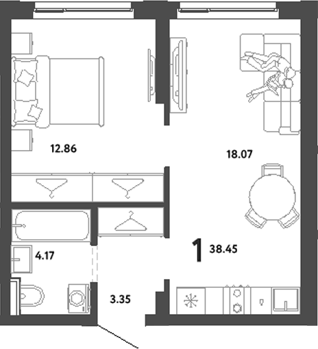 Планировка 1-к, 38,45 м² в ЖК Сибирский сад